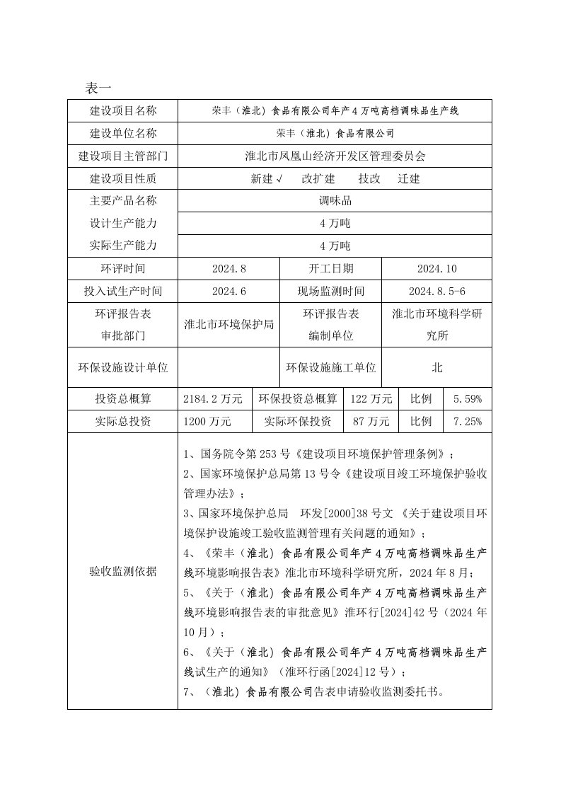 荣丰淮北食品有限公司年产4万吨高档调味品生产线项目竣工环境保护验收监测报告表