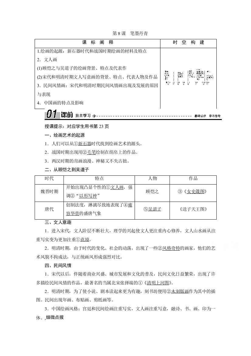 2020-2021学年岳麓版历史必修3学案：第8课　笔墨丹青