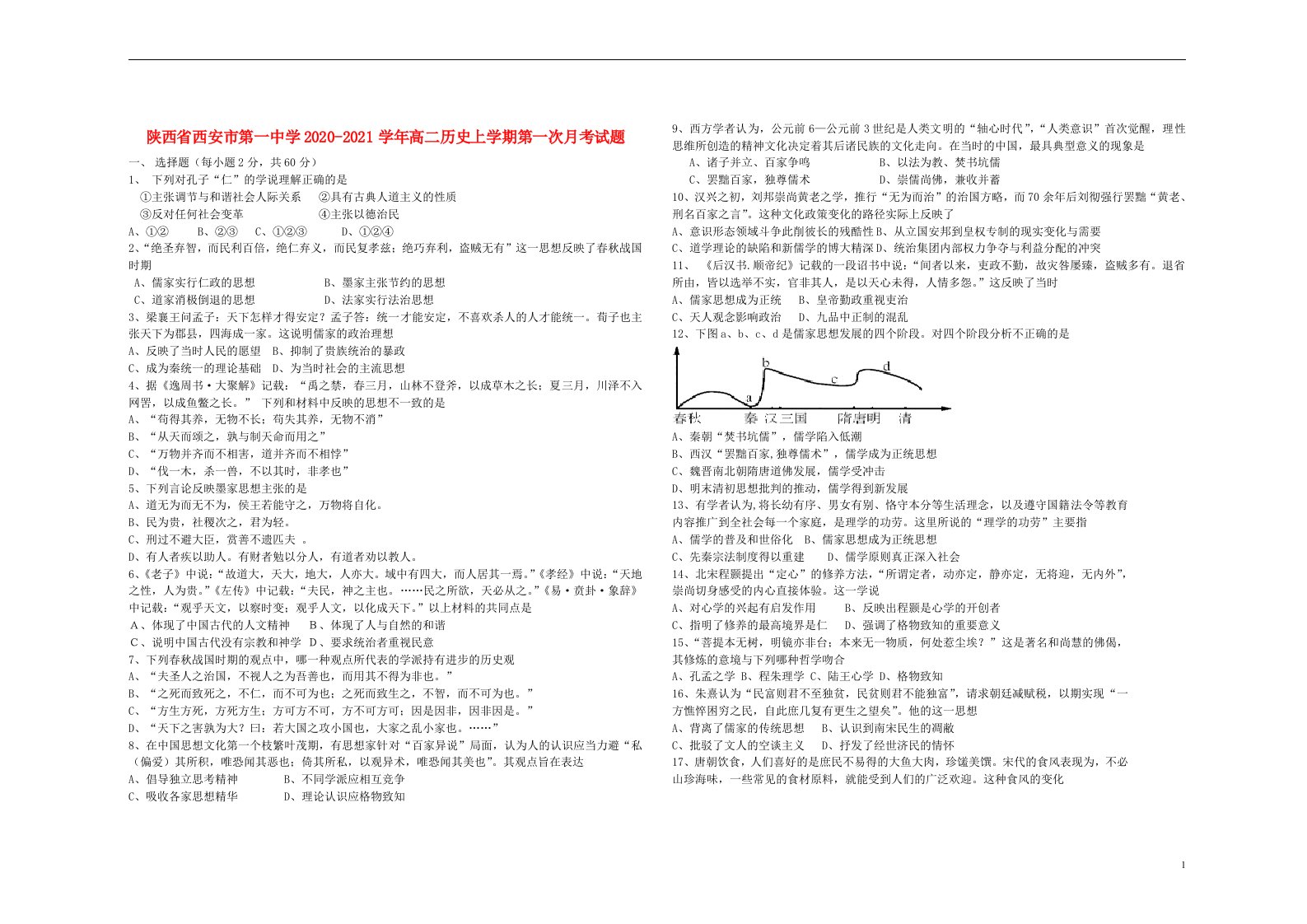 陕西省西安市第一中学2020_2021学年高二历史上学期第一次月考试题