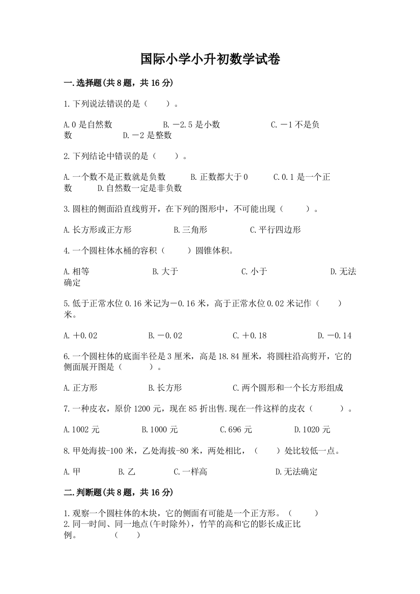 国际小学小升初数学试卷（名师推荐）word版