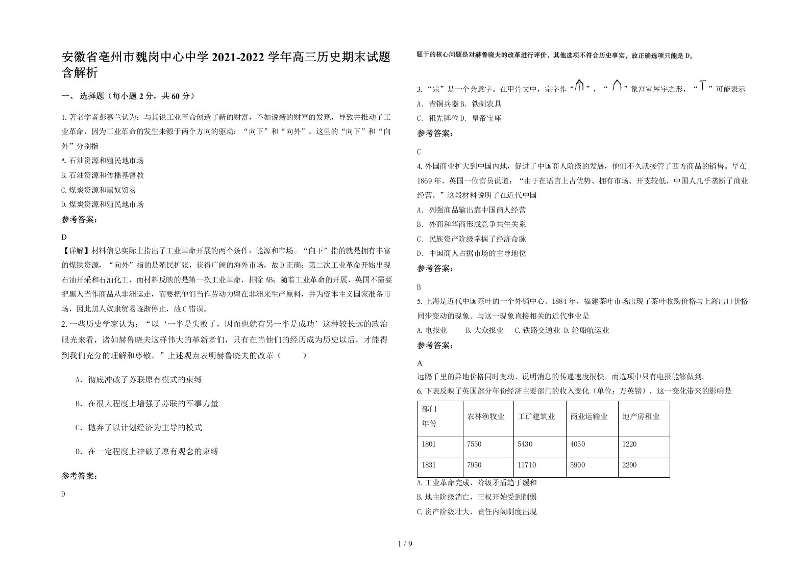 安徽省亳州市魏岗中心中学2021-2022学年高三历史期末试题含解析