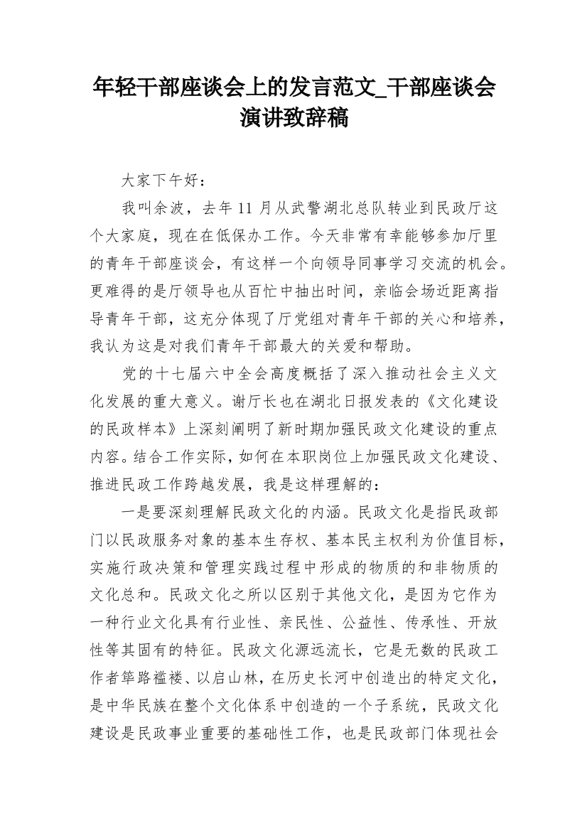 年轻干部座谈会上的发言范文_干部座谈会演讲致辞稿_1