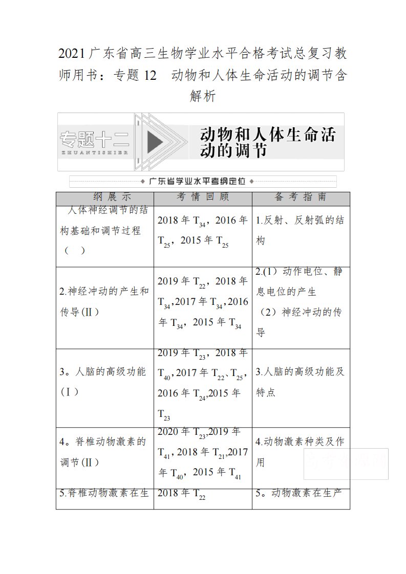 2021广东省高三生物学业水平合格考试总复习专题12动物和人体生命活动的调节含解析