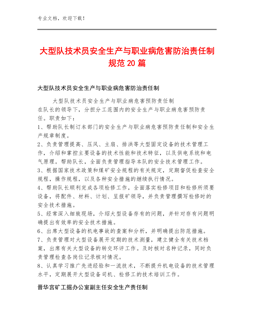 大型队技术员安全生产与职业病危害防治责任制规范20篇