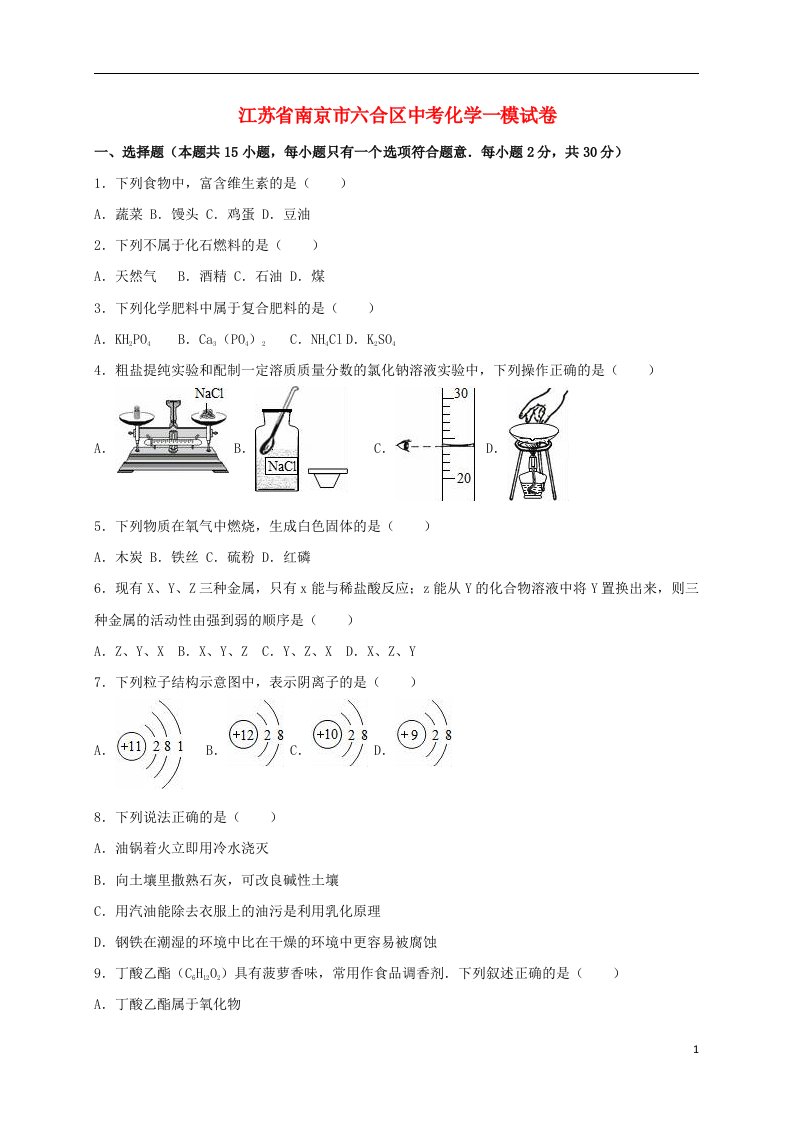 江苏省南京市六合区中考化学一模试题（含解析）