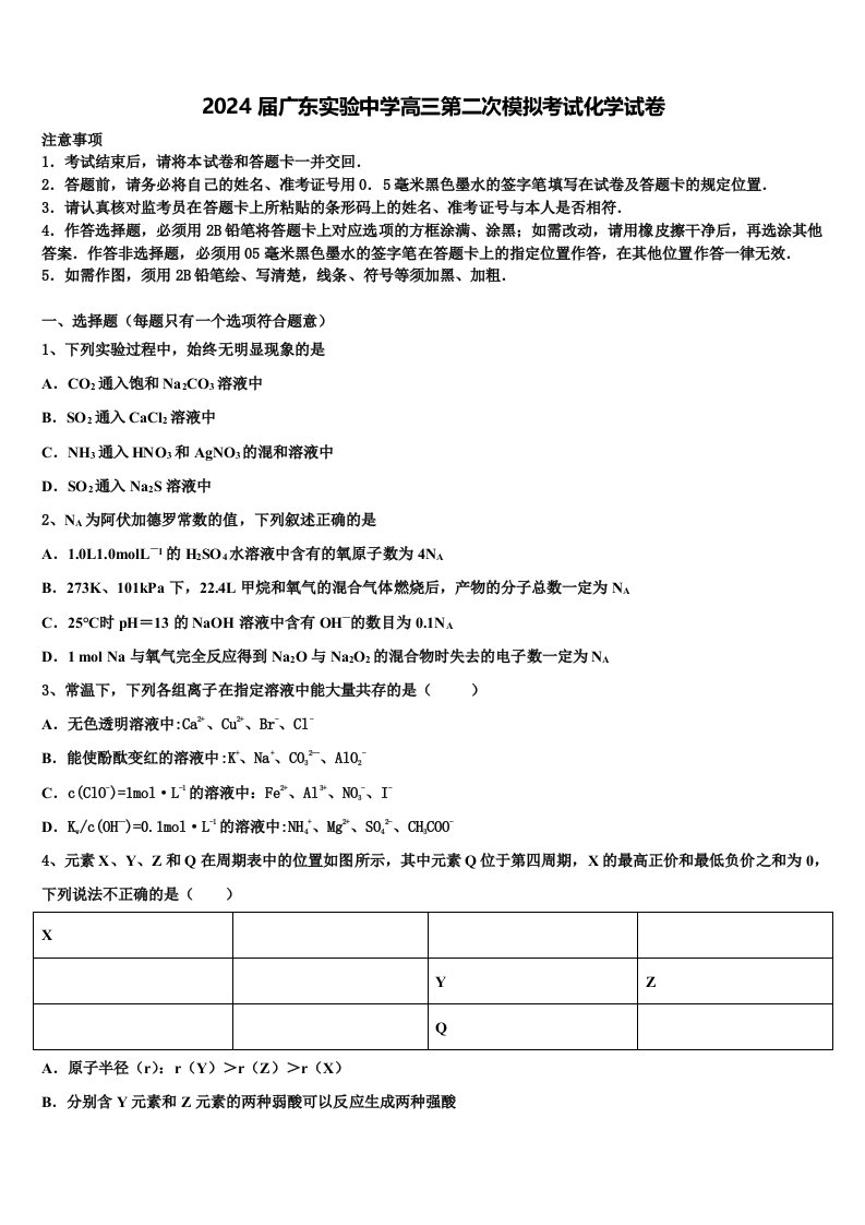 2024届广东实验中学高三第二次模拟考试化学试卷含解析