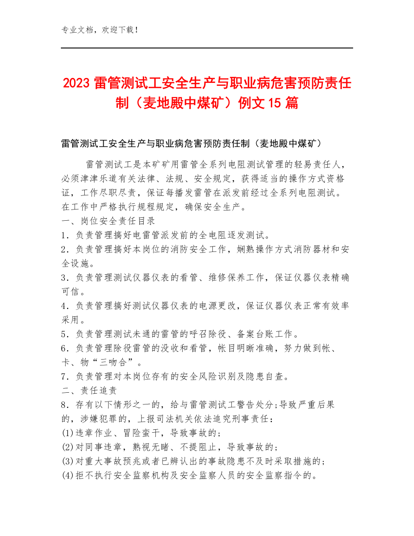 2023雷管测试工安全生产与职业病危害预防责任制（麦地殿中煤矿）例文15篇