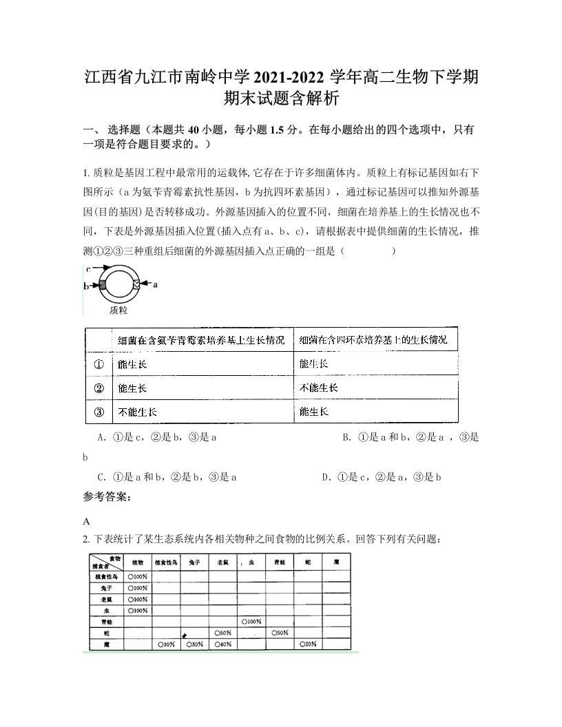 江西省九江市南岭中学2021-2022学年高二生物下学期期末试题含解析