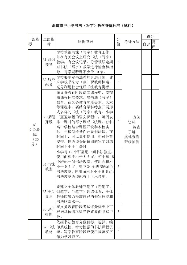 书法(写字)教学评价标准