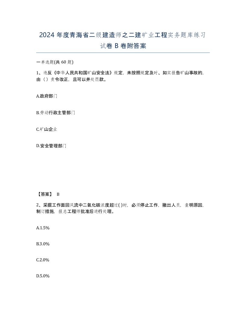 2024年度青海省二级建造师之二建矿业工程实务题库练习试卷B卷附答案