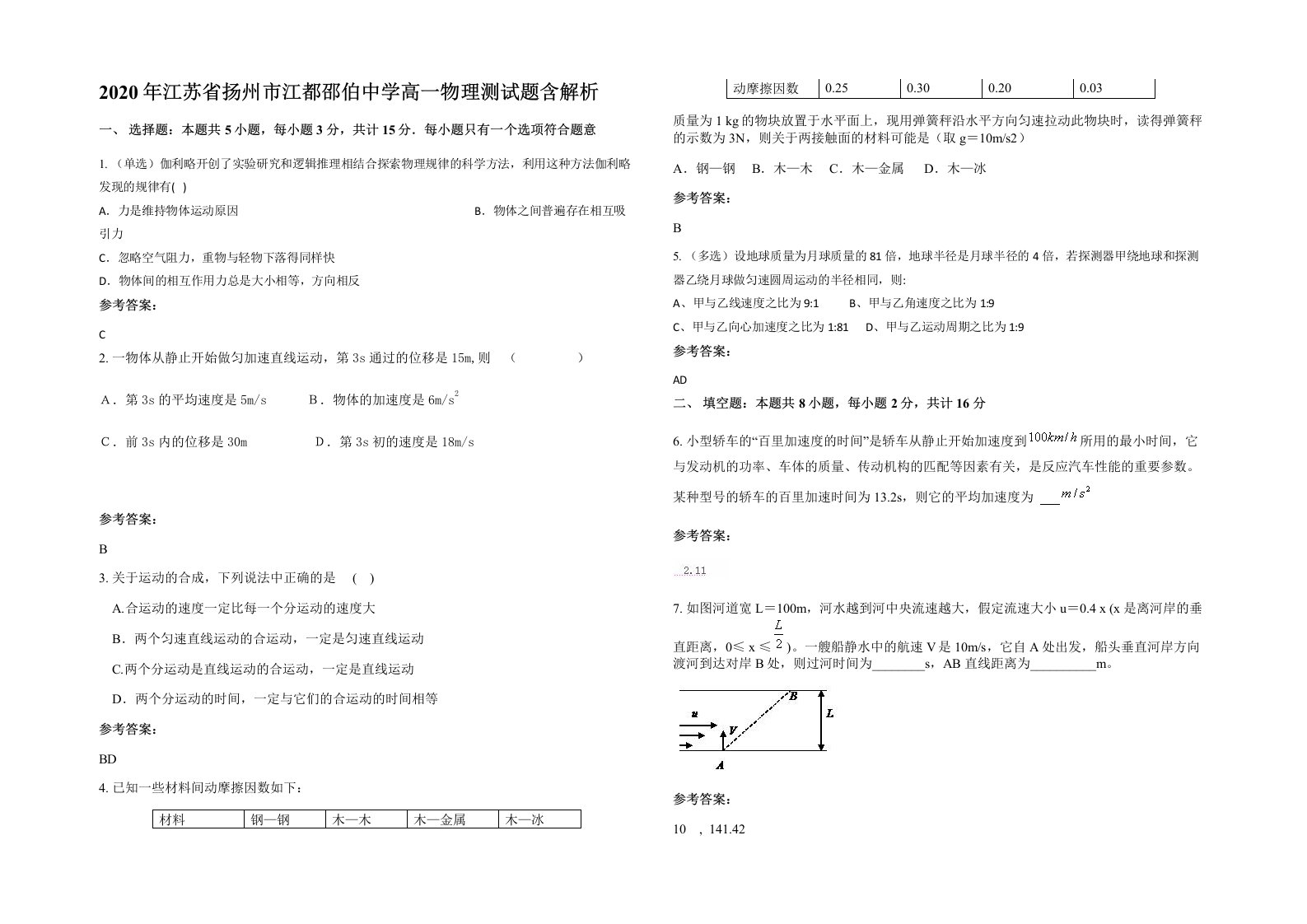 2020年江苏省扬州市江都邵伯中学高一物理测试题含解析