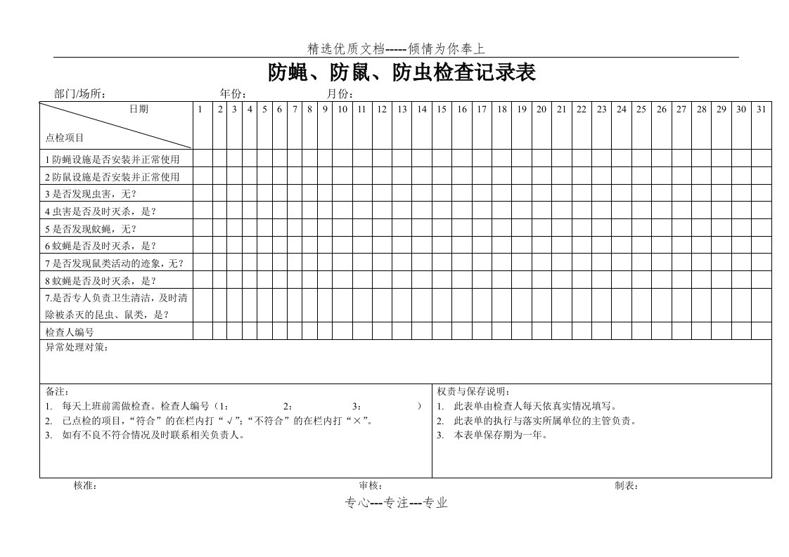 防蝇、防鼠、防虫检查记录表(共1页)