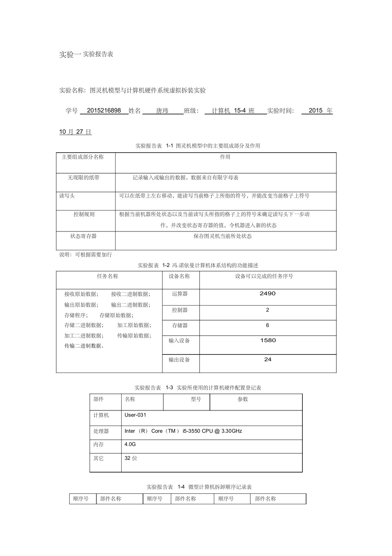 北京理工大学实验一实验报告表