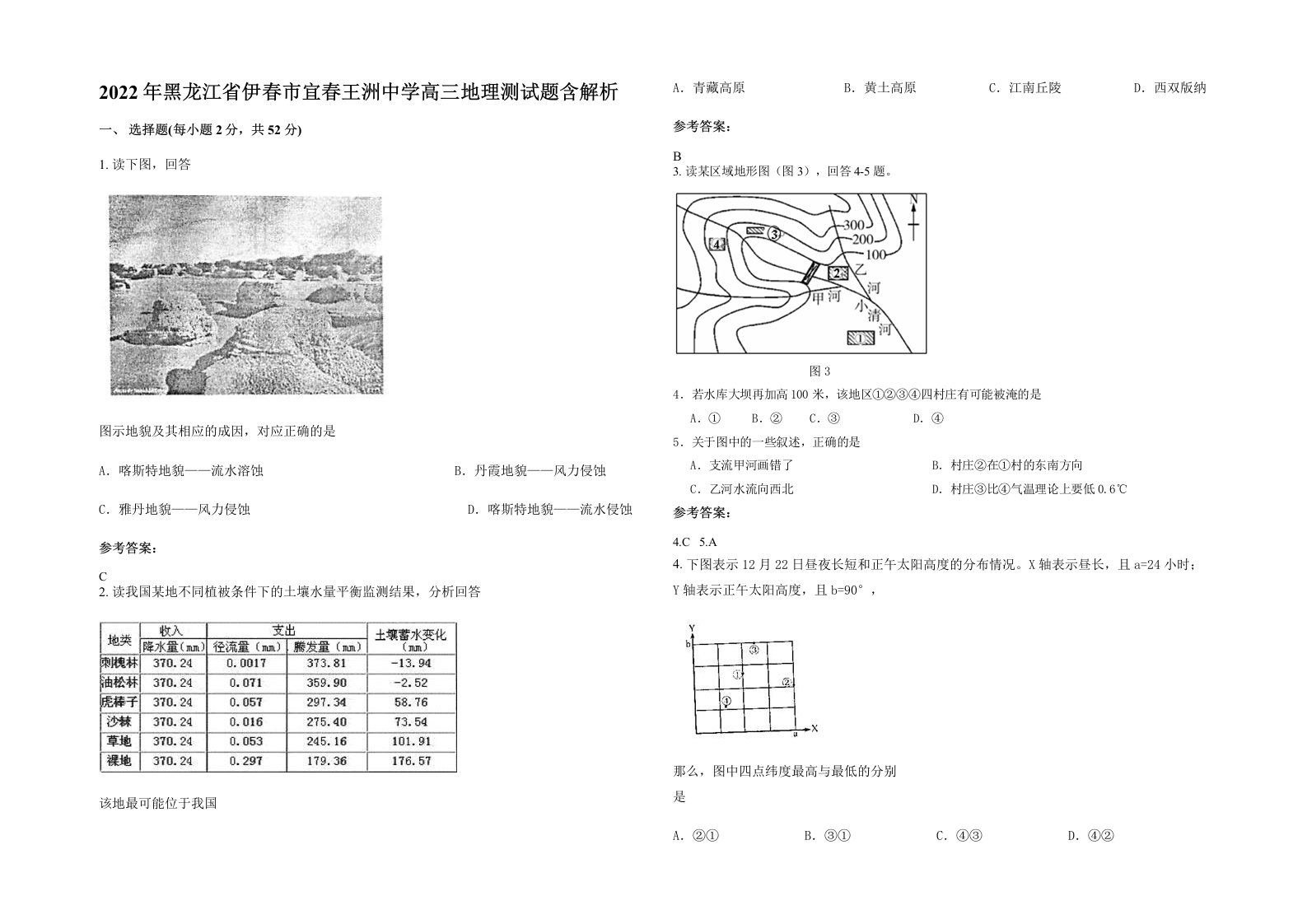 2022年黑龙江省伊春市宜春王洲中学高三地理测试题含解析