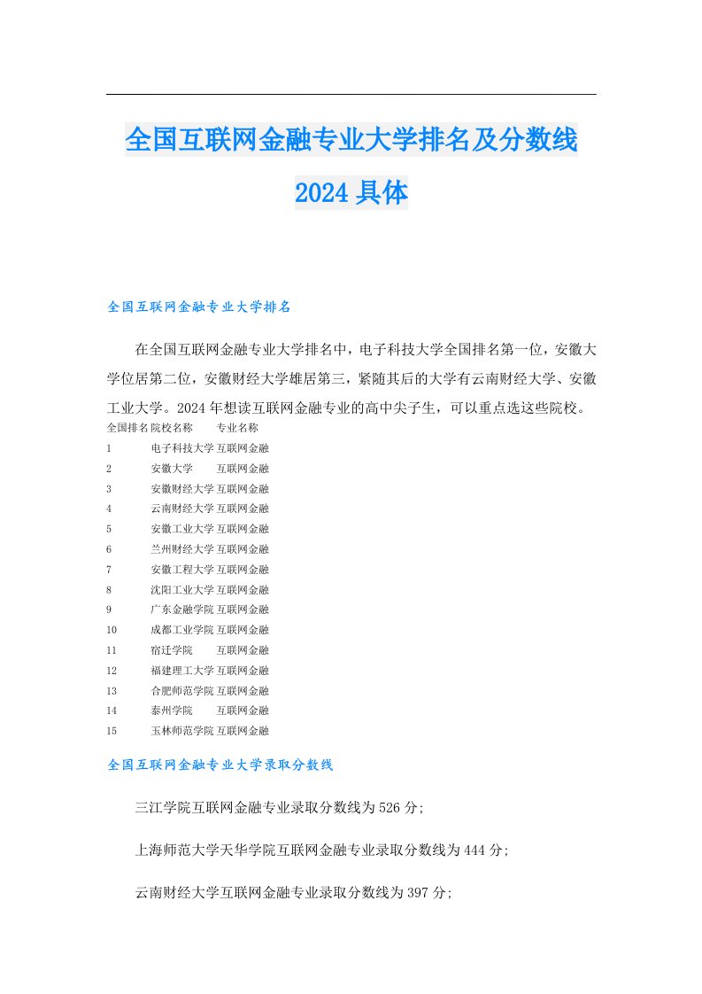 全国互联网金融专业大学排名及分数线2024具体