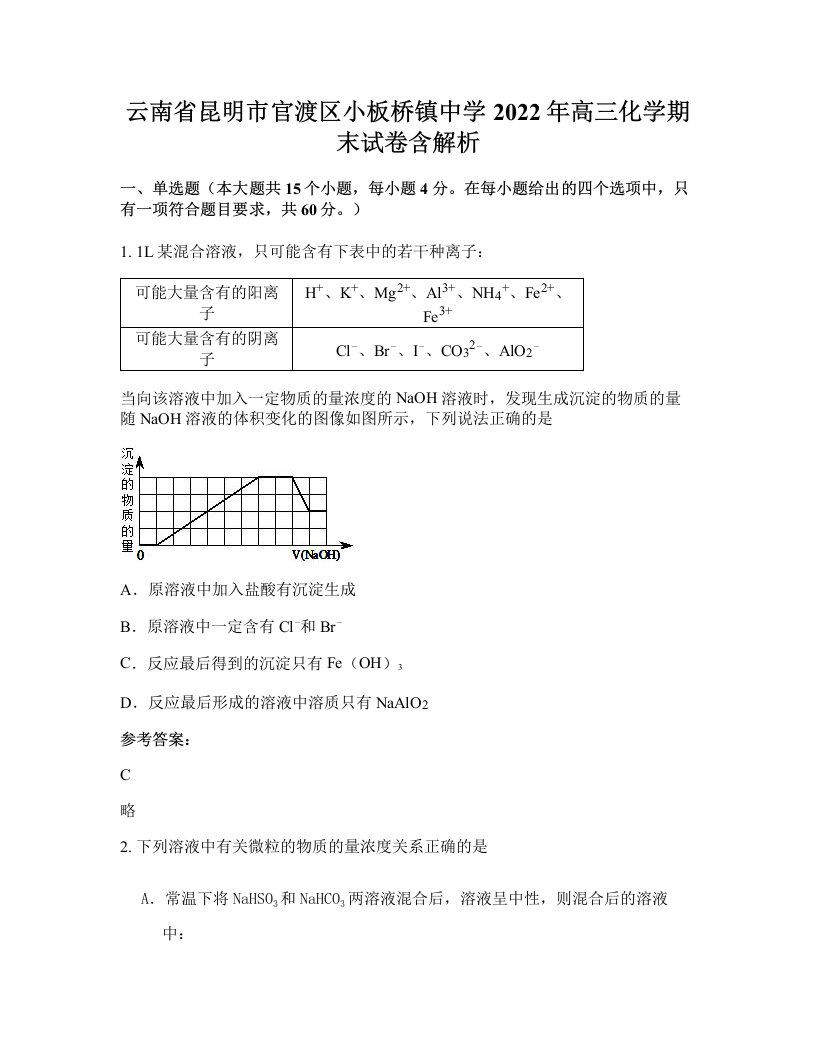 云南省昆明市官渡区小板桥镇中学2022年高三化学期末试卷含解析