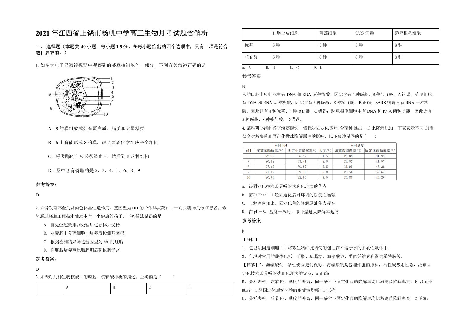 2021年江西省上饶市杨帆中学高三生物月考试题含解析