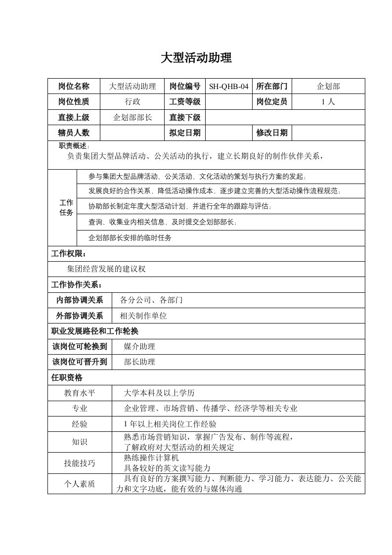 某汽车集团企划部大型活动助理岗位说明书