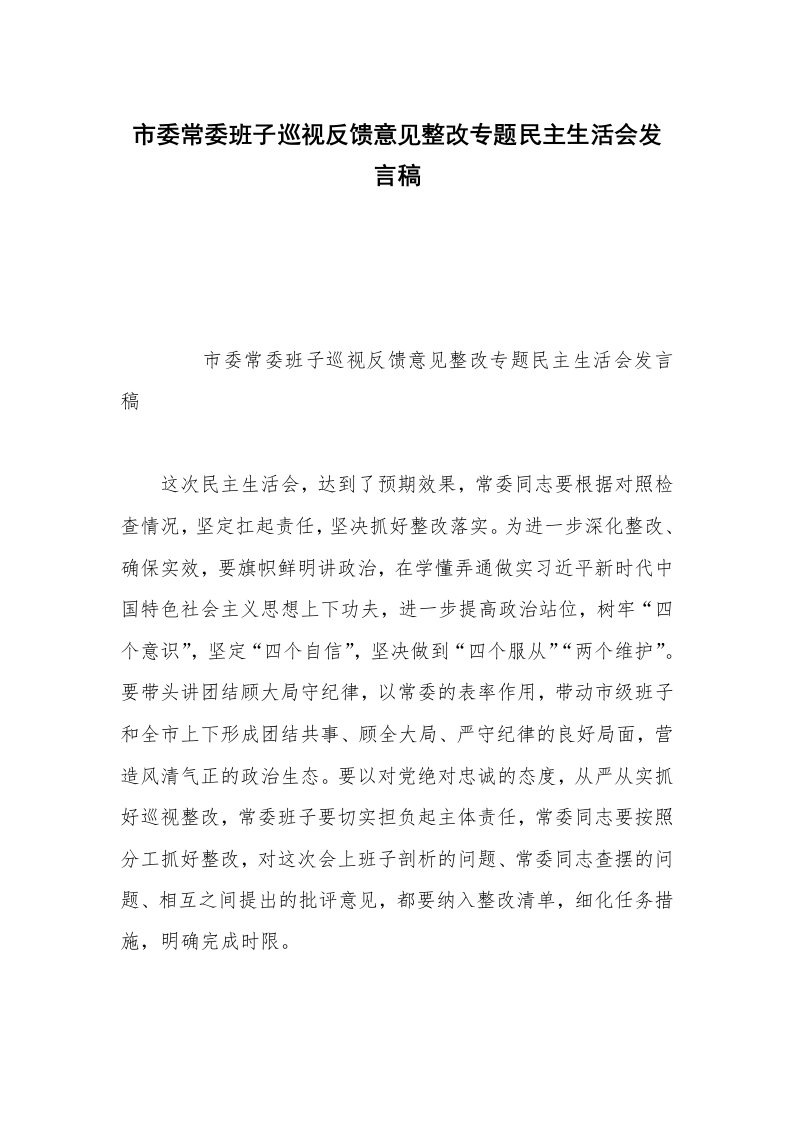 市委常委班子巡视反馈意见整改专题民主生活会发言稿