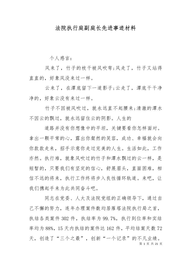 精选法院执行庭副庭长先进事迹材料