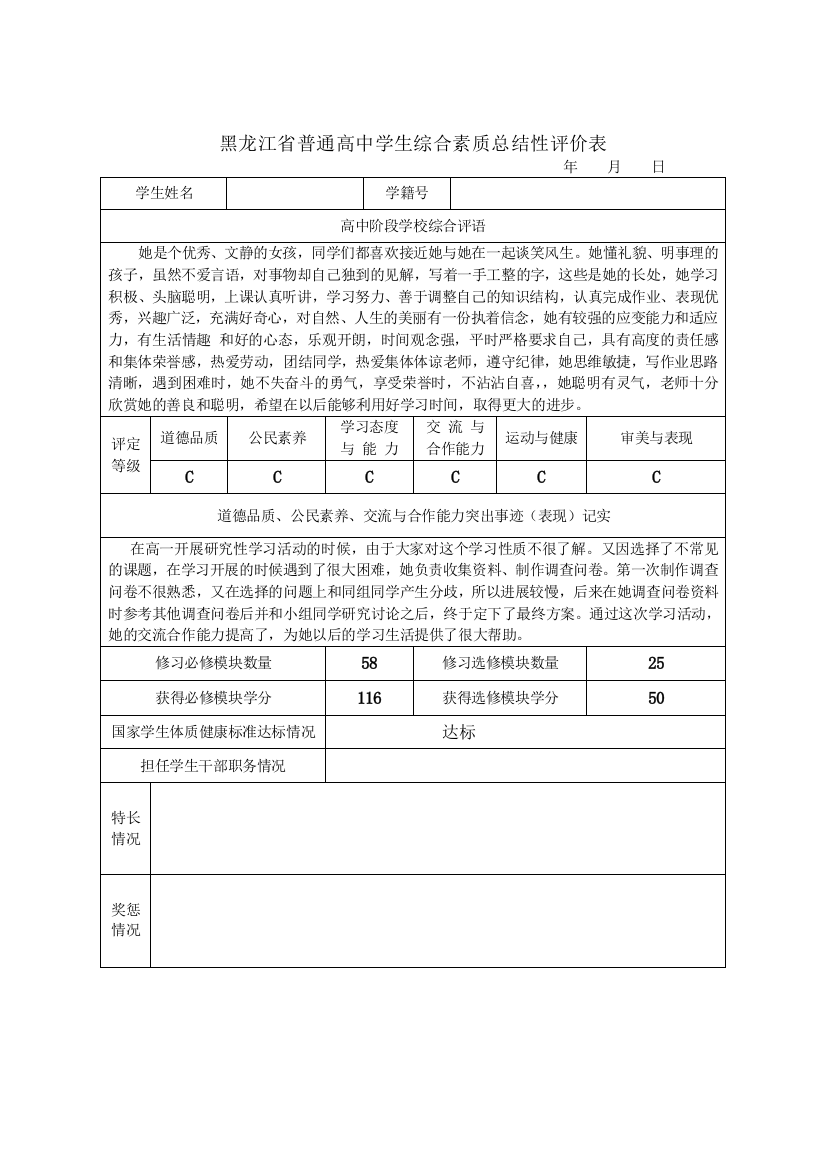 高三学生综合素质评价用表模板