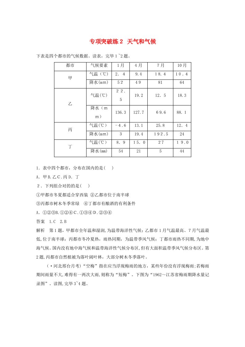 高考地理复习从人地关系看资源与环境专项突破练2天气和气候讲义(含解析)鲁教版