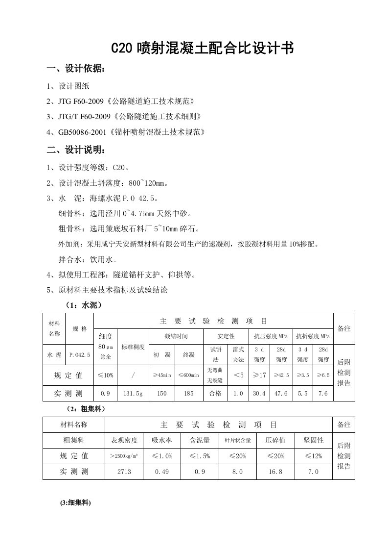 C20喷射混凝土配合比