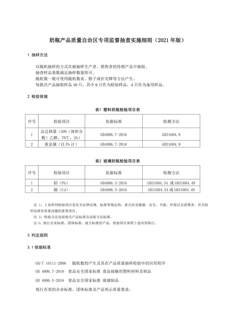 奶瓶产品质量自治区专项监督抽查实施细则（2021年版）