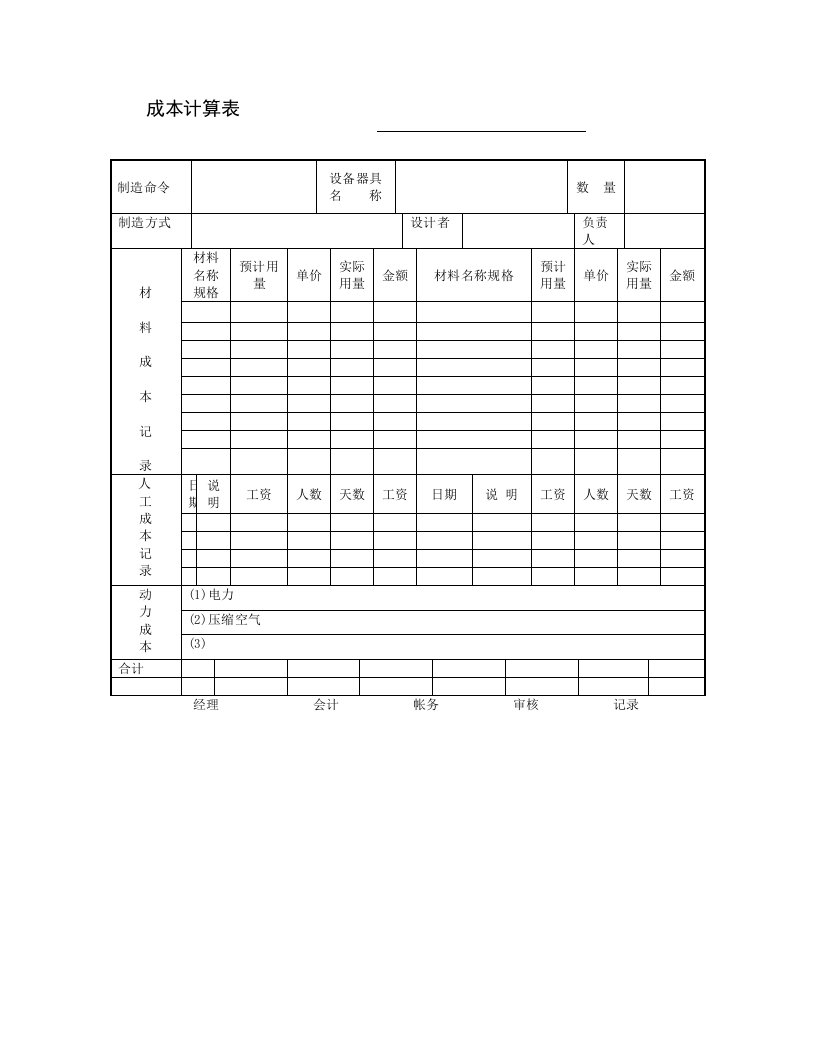 精选成本计算表