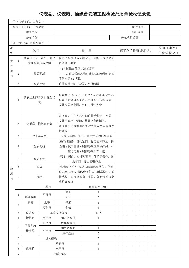 仪表盘、仪表箱、操纵台安装工程检验批质量验收记录表