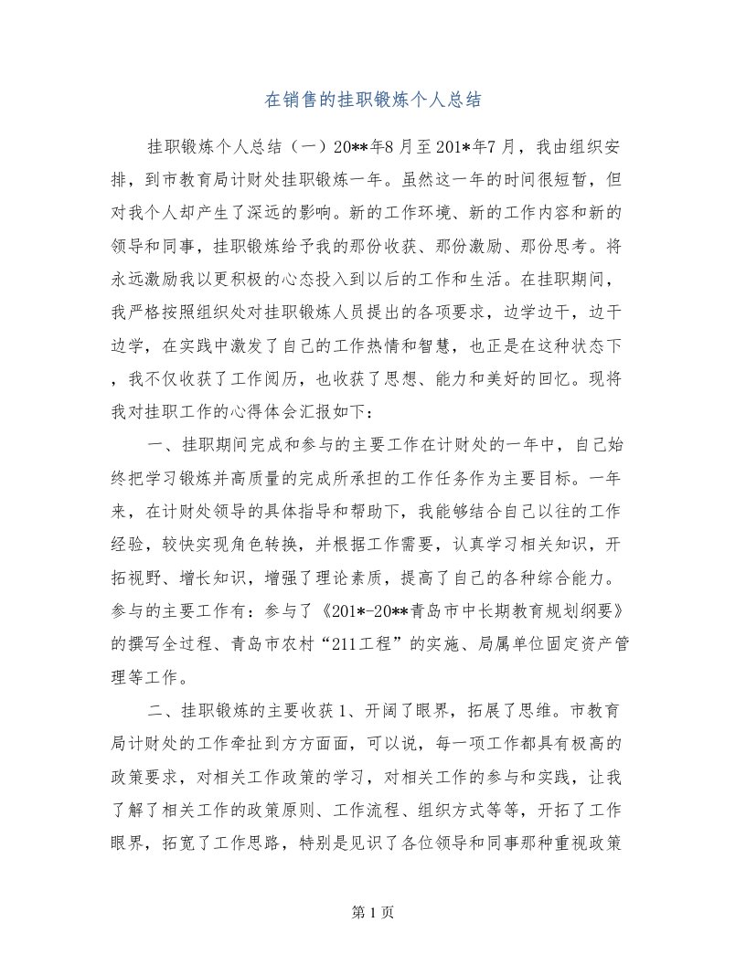 在销售的挂职锻炼个人总结