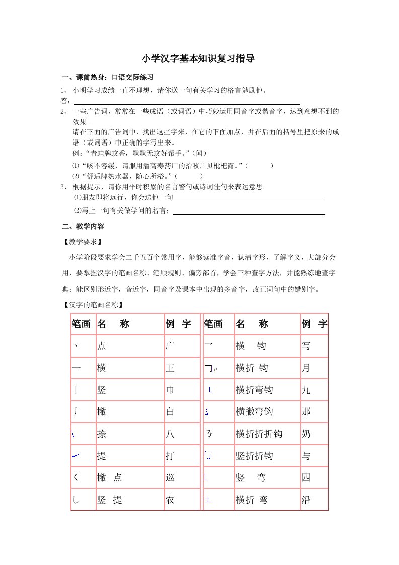 小学汉字基本知识复习指导