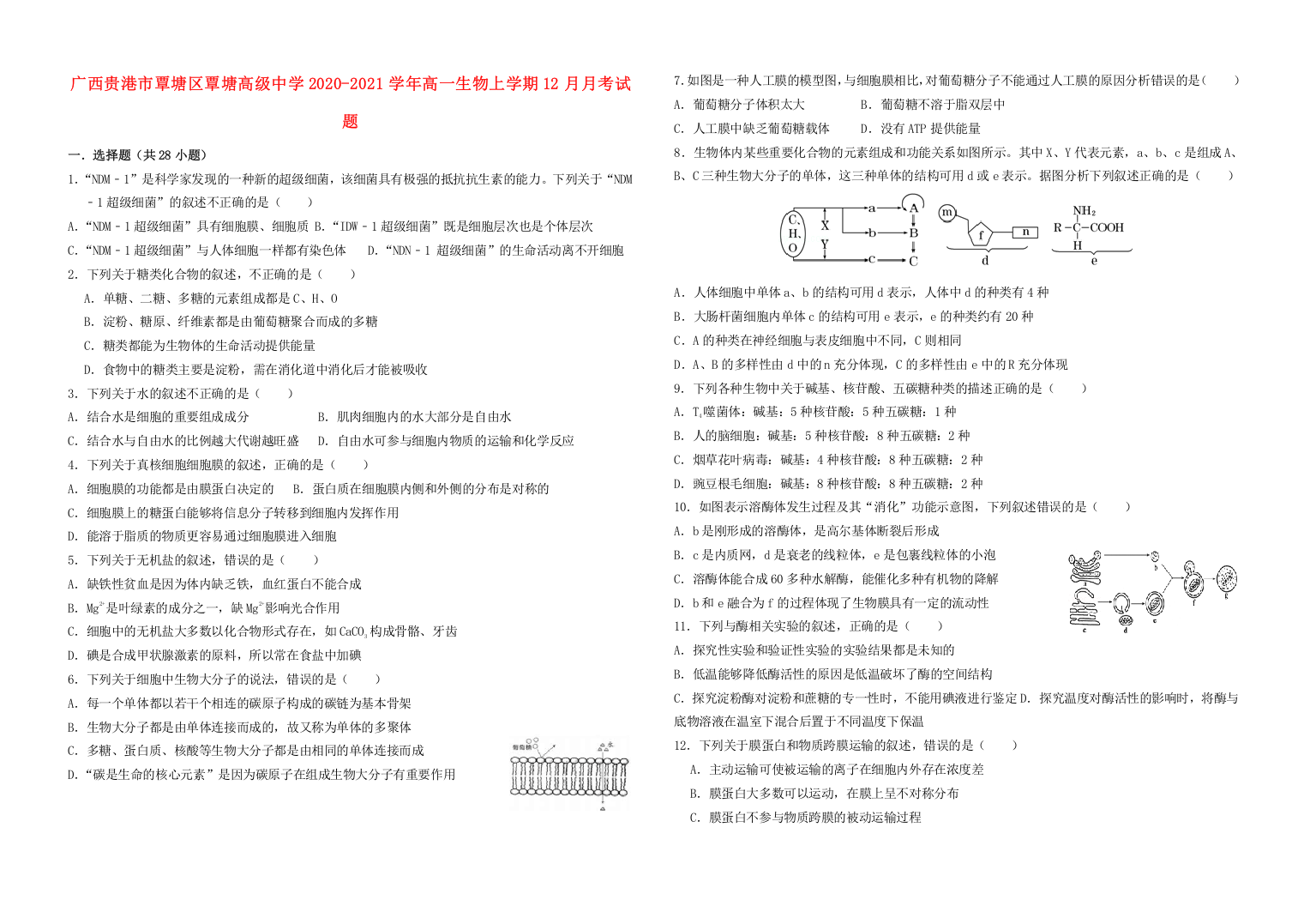 广西贵港市覃塘区覃塘高级中学2020-2021学年高一生物上学期12月月考试题