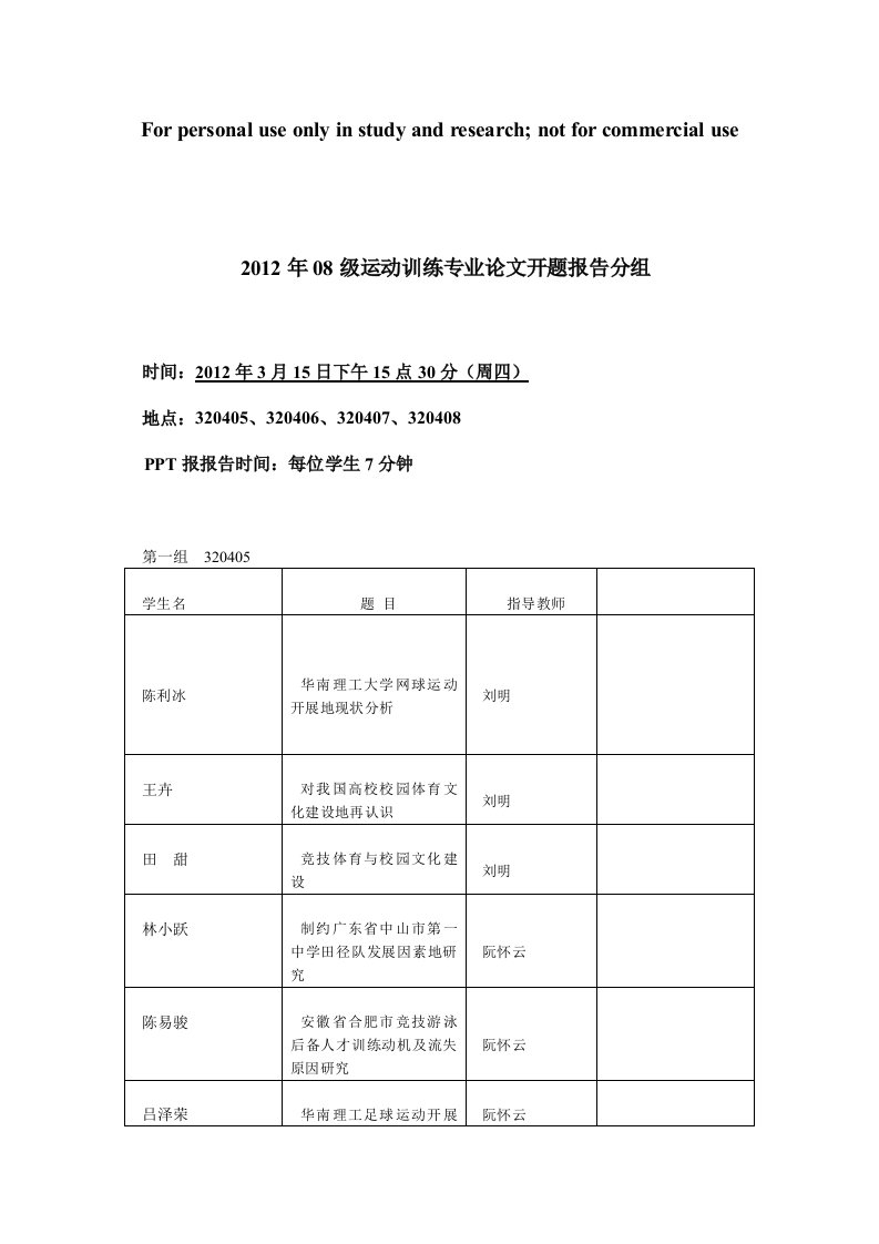 级运动训练专业设计开题报告计划书分组