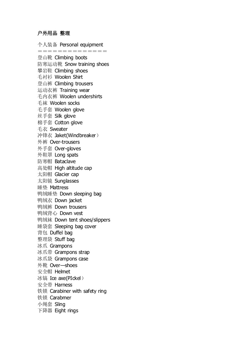户外用品装备-专业词汇-中英文对照
