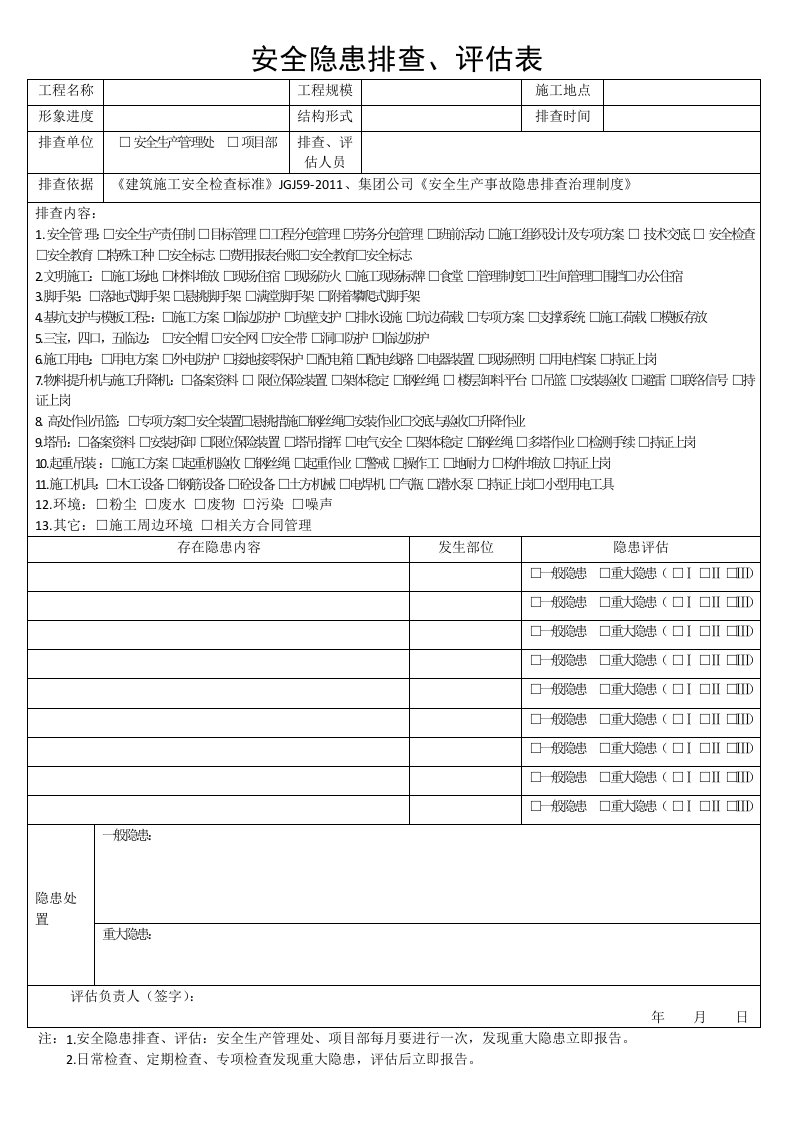 安全隐患、排查评估表