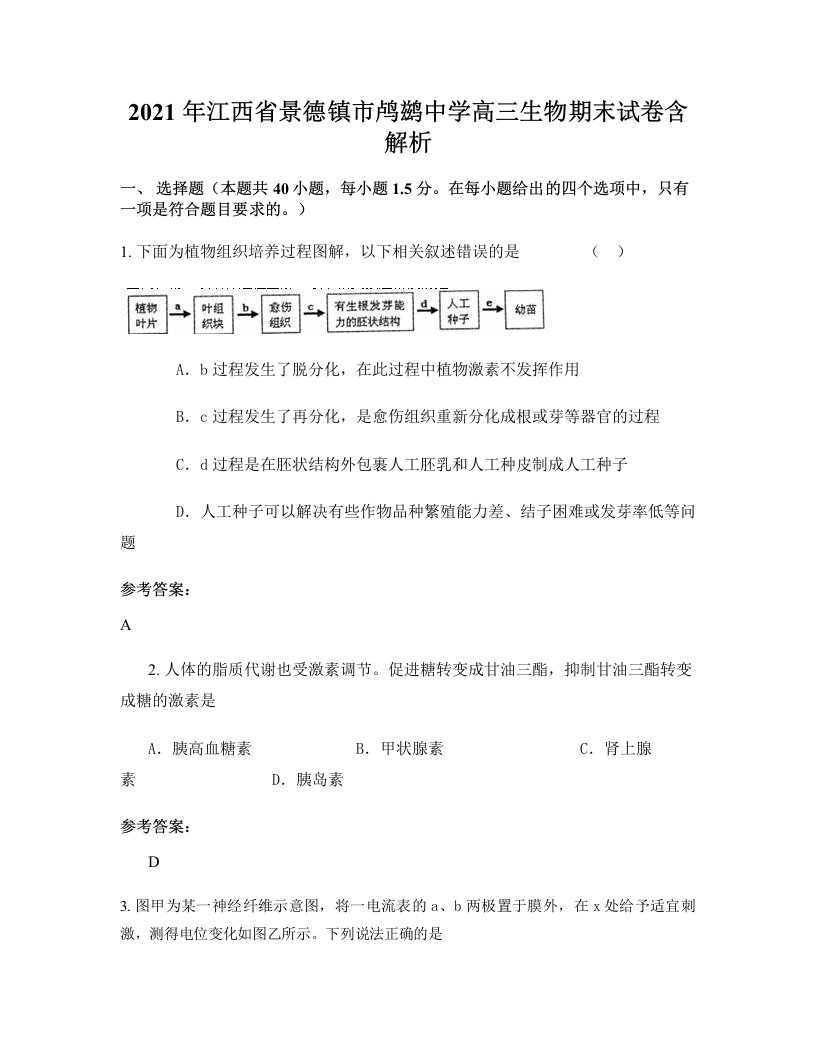 2021年江西省景德镇市鸬鹚中学高三生物期末试卷含解析