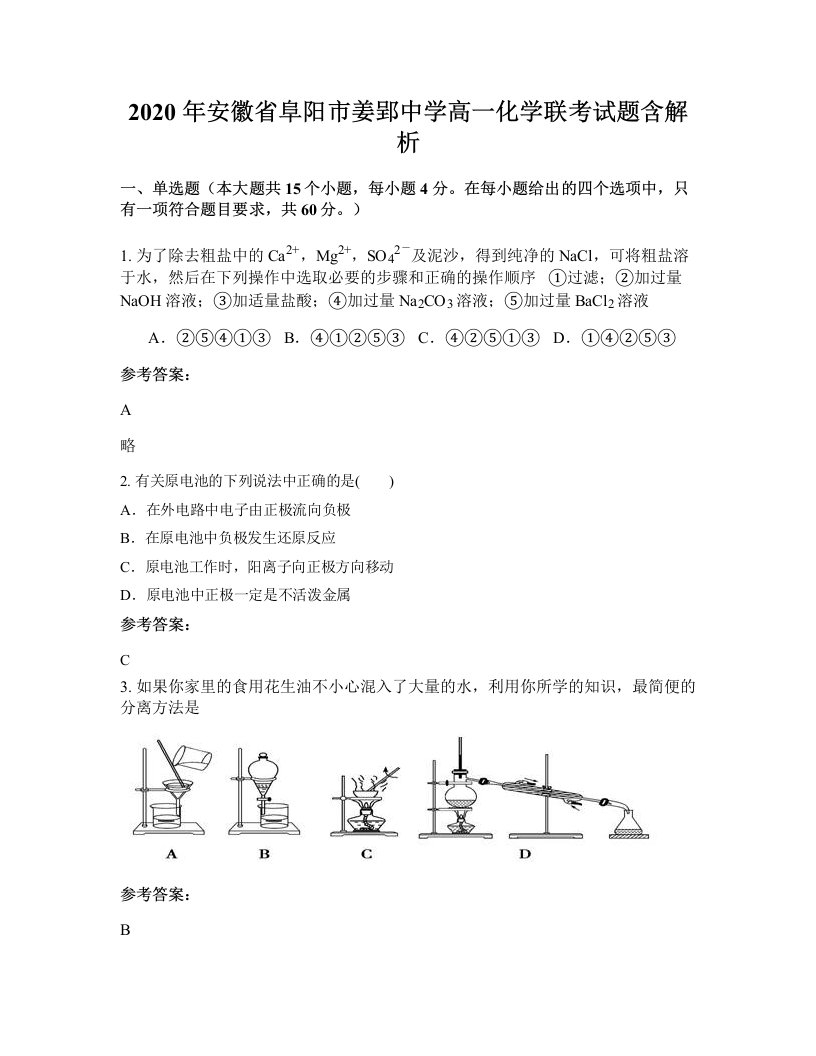 2020年安徽省阜阳市姜郢中学高一化学联考试题含解析