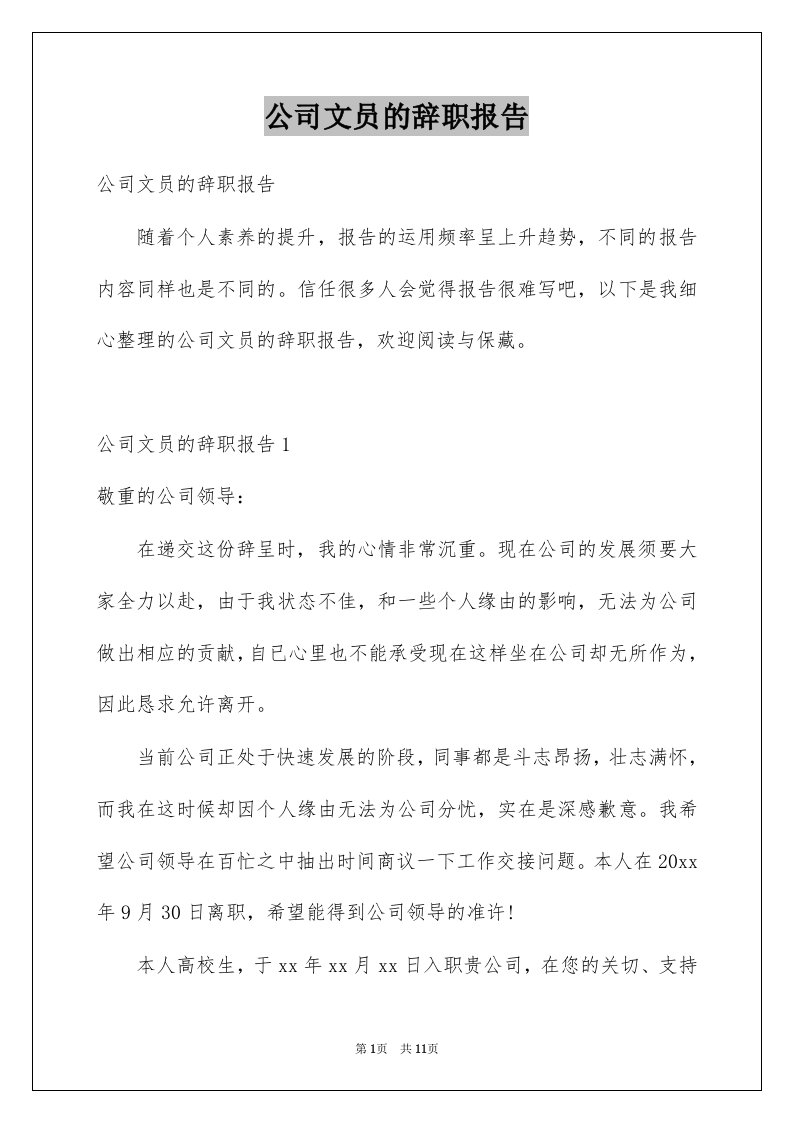 公司文员的辞职报告例文