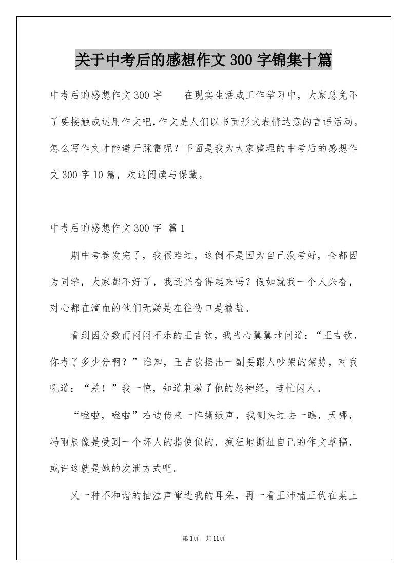 关于中考后的感想作文300字锦集十篇