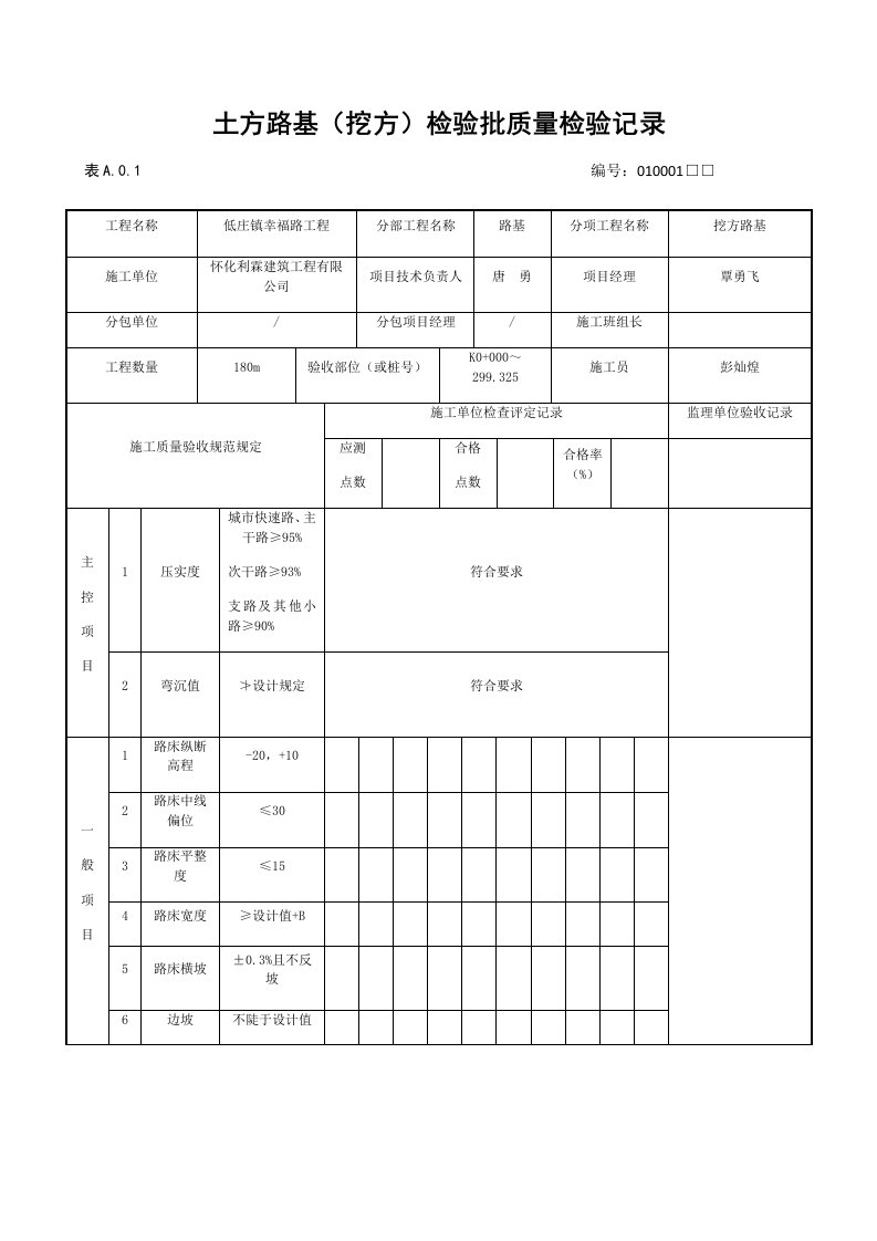 土方路基挖方检验批质量检验记录