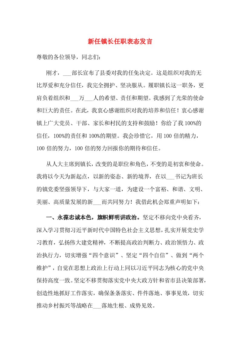 新任镇长任职表态发言