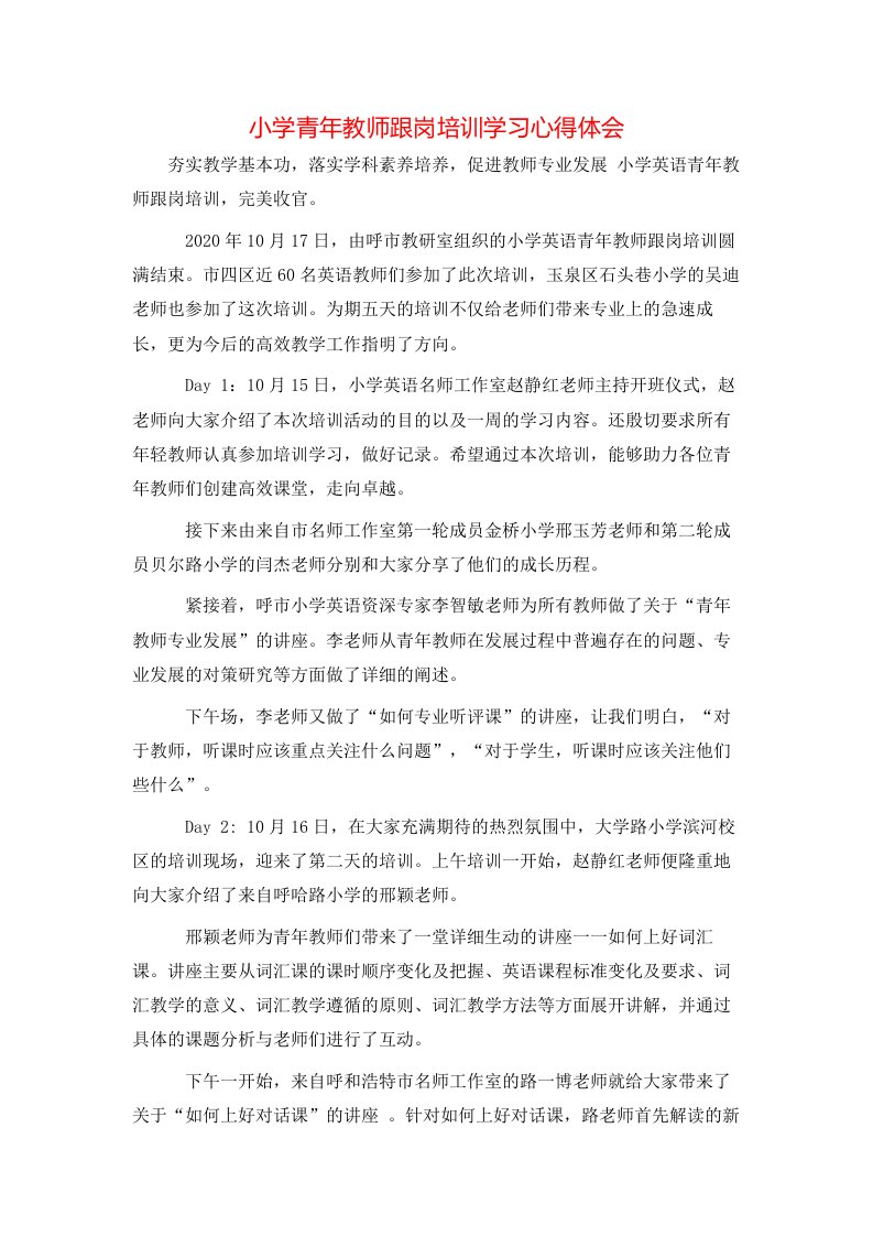 小学青年教师跟岗培训学习心得体会