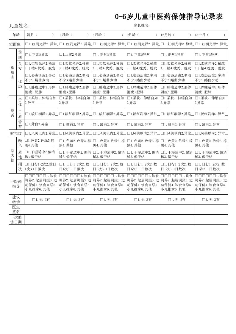 0-6岁儿童中医药保健指导记录表