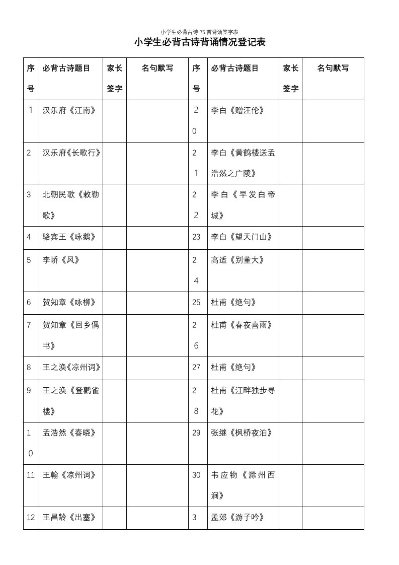 小学生必背古诗75首背诵签字表