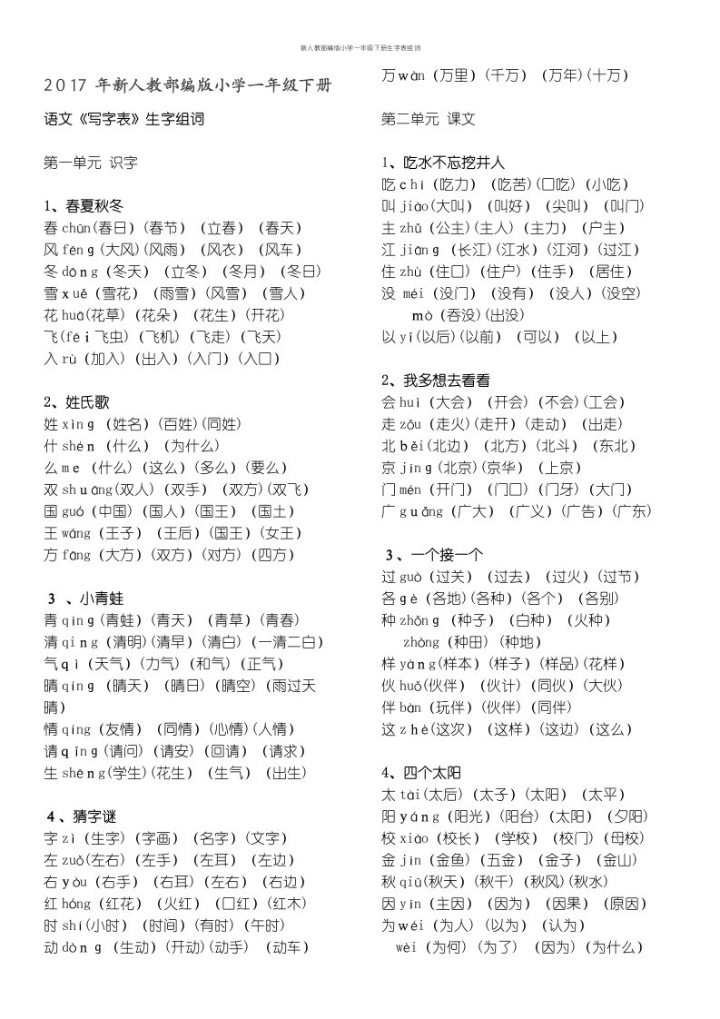 新人教部编版小学一年级下册生字表组词