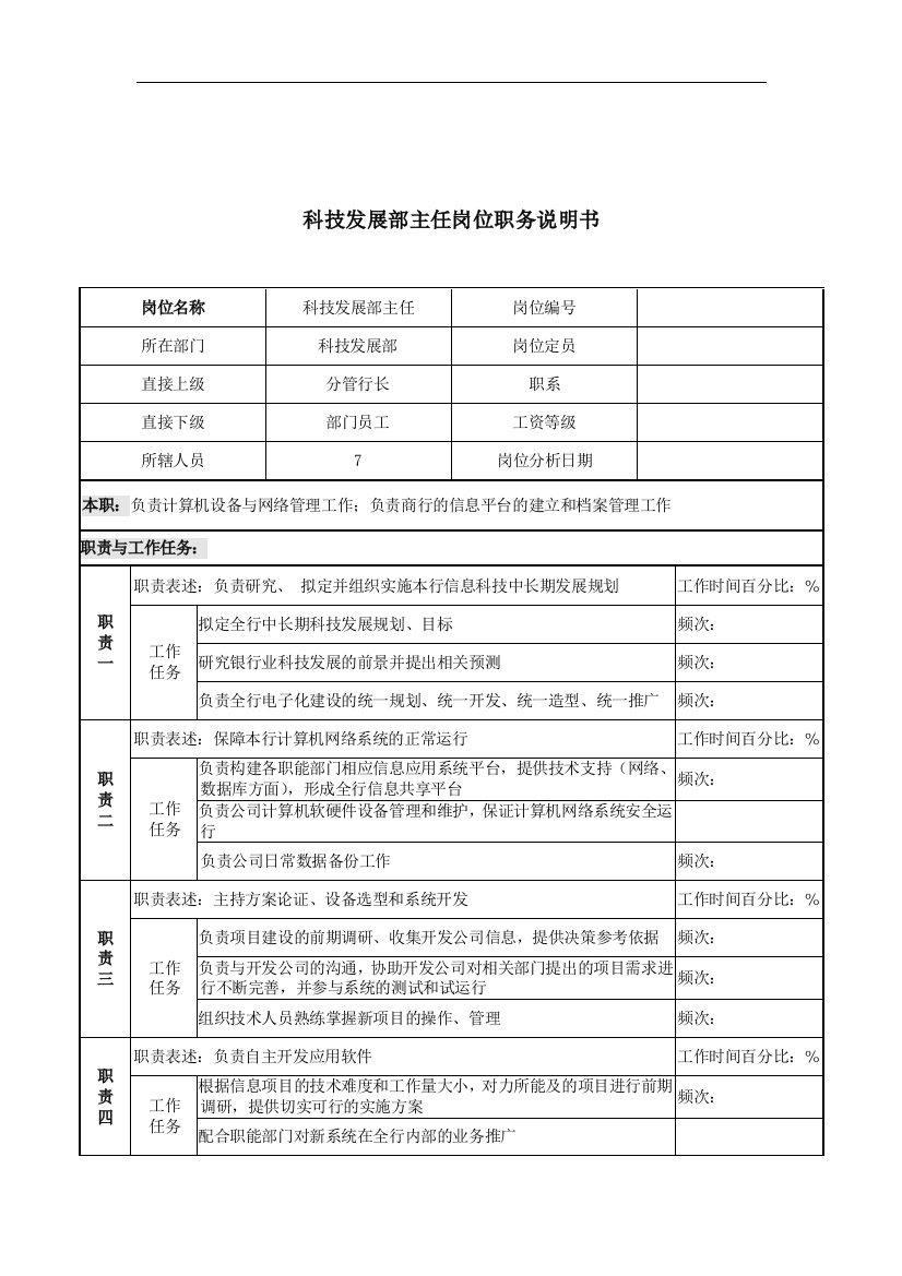 科技发展部主任岗位职务说明书