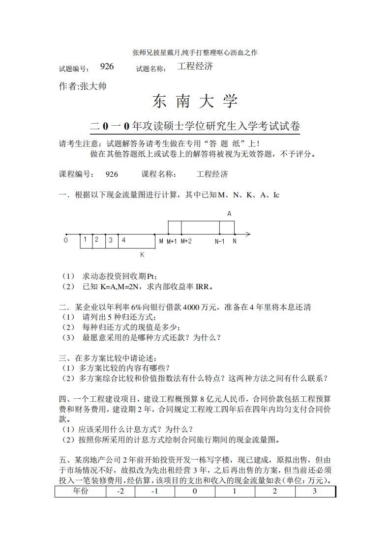 东南大学工程经济学考研真题