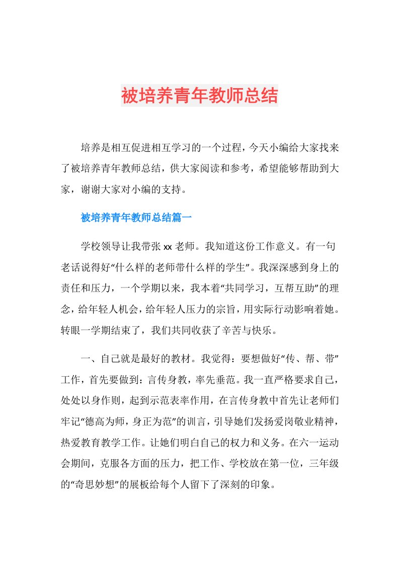 被培养青年教师总结