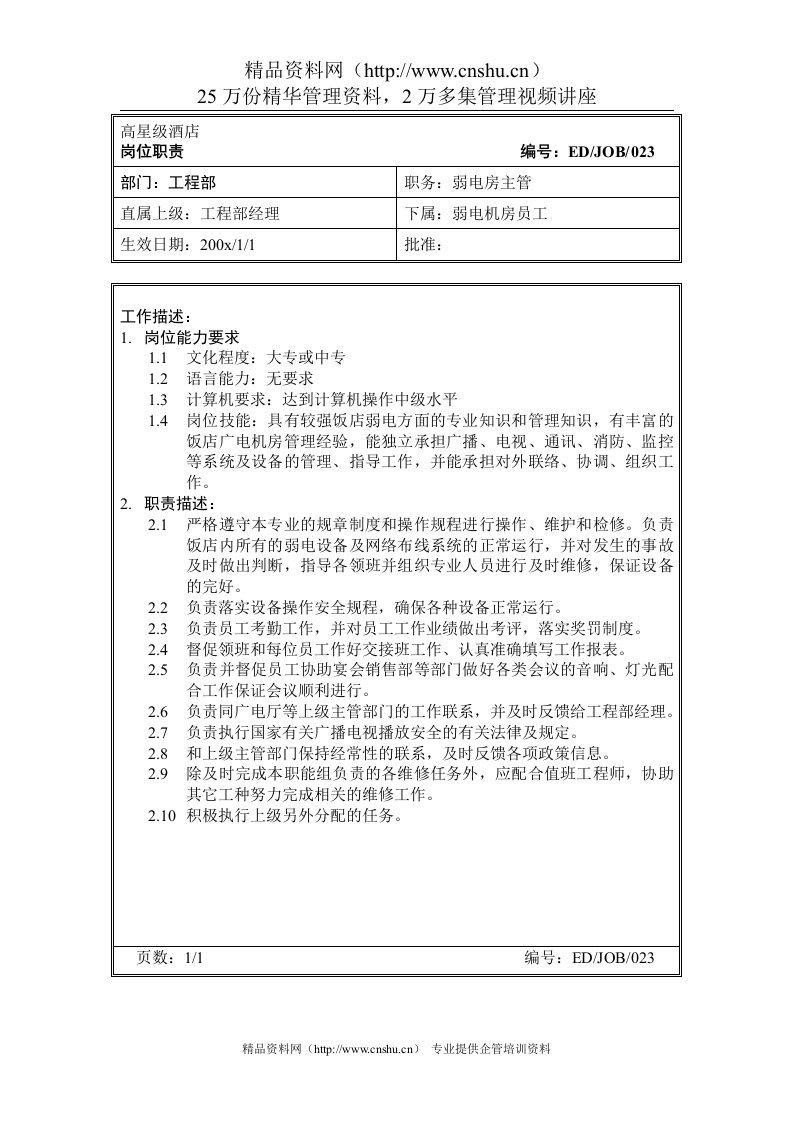 高星级酒店工程部弱电房主管岗位职责